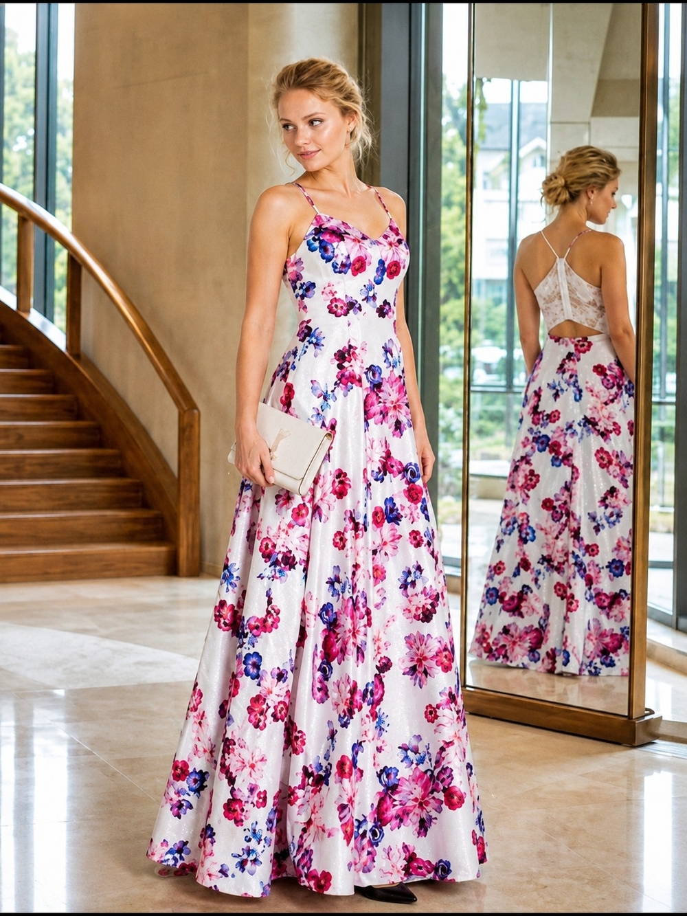 City Studio Women's City Studio White Floral Prom Gown with Pink & Purple Blooms